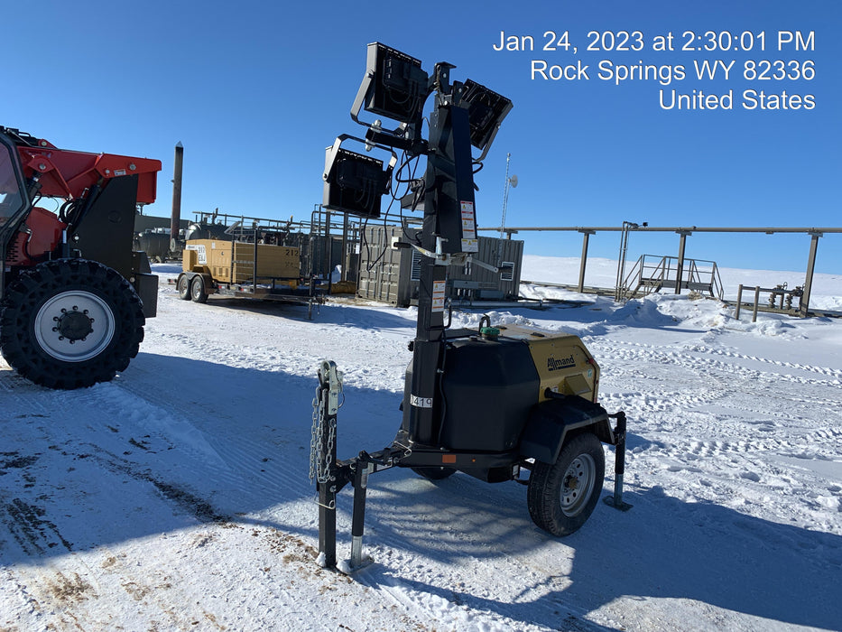 2022 Allmand NLV3GR (4) LED Light Fixture 350W, 23' Vertical Mast, 3kW Prime, Towable, Deep Sea L401, Leveling Jacks, Yanmar T4F 5.8hp