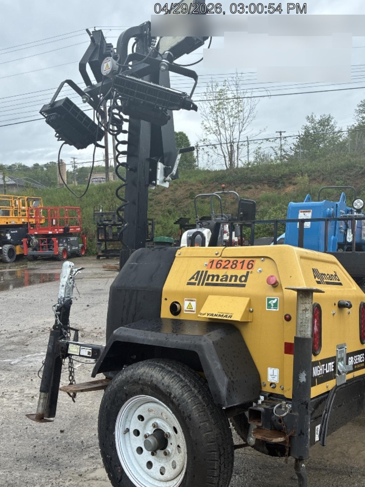 2021 Allmand NLV3GR (4) LED Light Fixture 350W, 23' Vertical Mast, 3kW Prime, Towable, Deep Sea L401, Leveling Jacks, Yanmar T4F 5.8hp