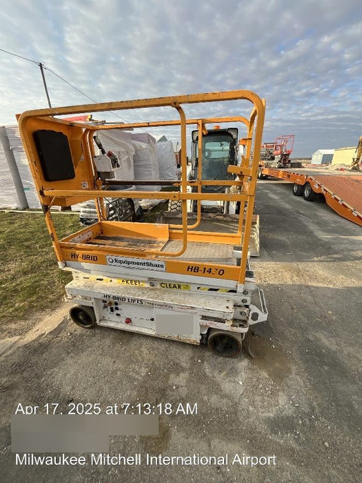 Custom Equipment HB-1430 <ul>
 <li>Hy-Brid Scissor Lift</li>
  <li>Platform capacity up to 670 lbs.</li>
  <li>Working height up to 20 ft</li>
  <li>Weighs under 1,700 lbs.</li>
  <li>Non-marking wheels </li>
</ul>