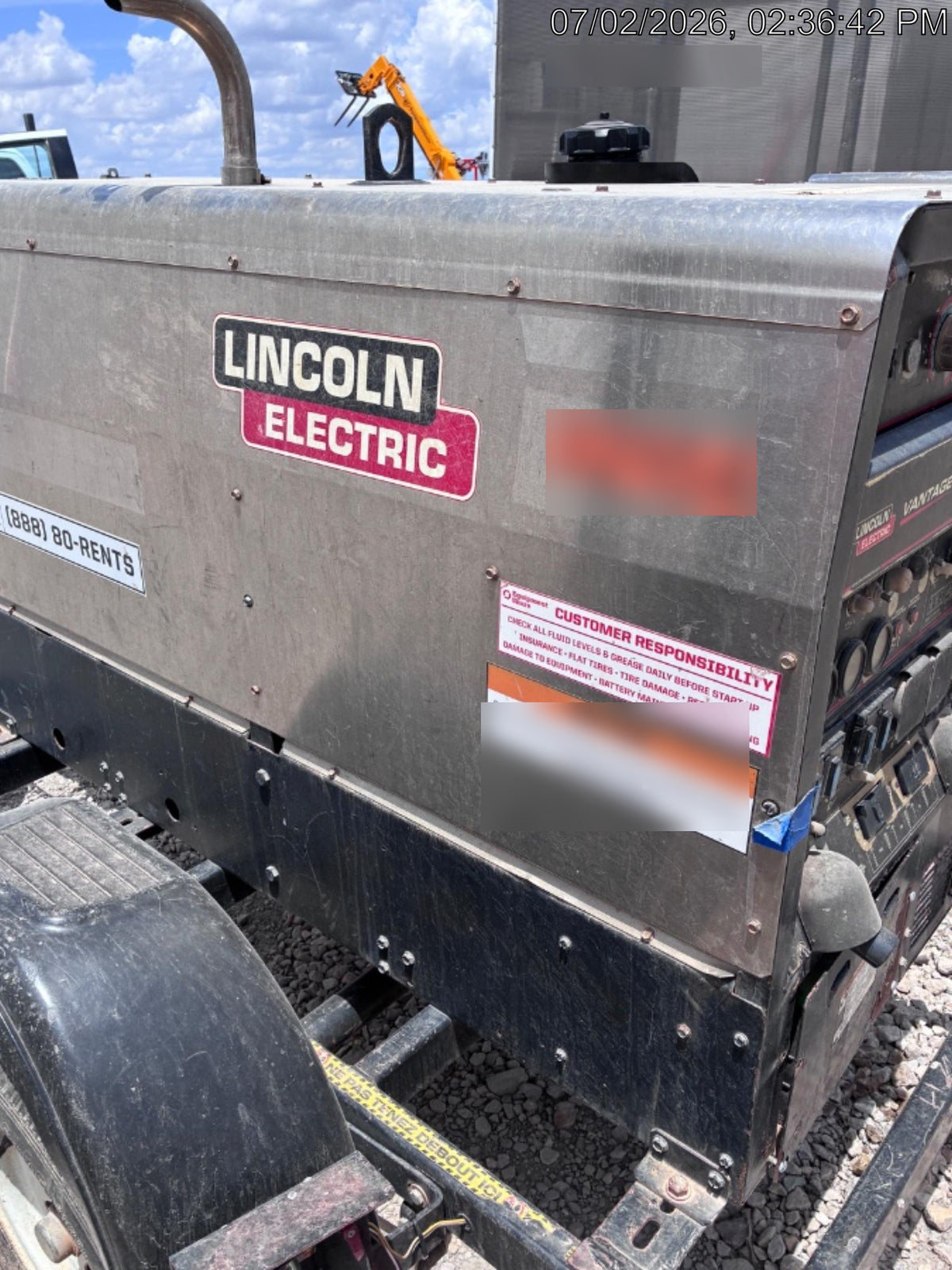 2019 Lincoln Electric Vantage 322 Welder Ready-Pak 3, Two wheel trailer, Fender and Light kit, Cable Rack