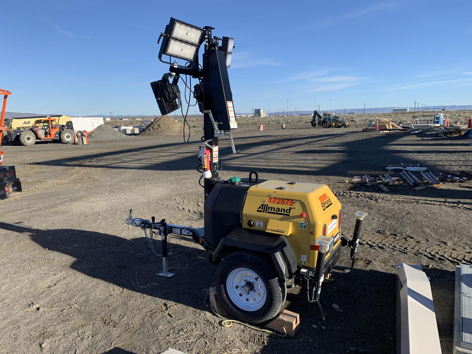 2021 Allmand NLV3GR (4) LED Light Fixture 350W, 23' Vertical Mast, 3kW Prime, Towable, Deep Sea L401, Leveling Jacks, Yanmar T4F 5.8hp