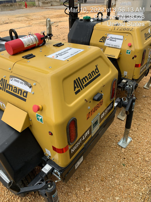 2022 Allmand NLV3GR (4) LED Light Fixture 350W, 23' Vertical Mast, 3kW Prime, Towable, Deep Sea L401, Leveling Jacks, Yanmar T4F 5.8hp