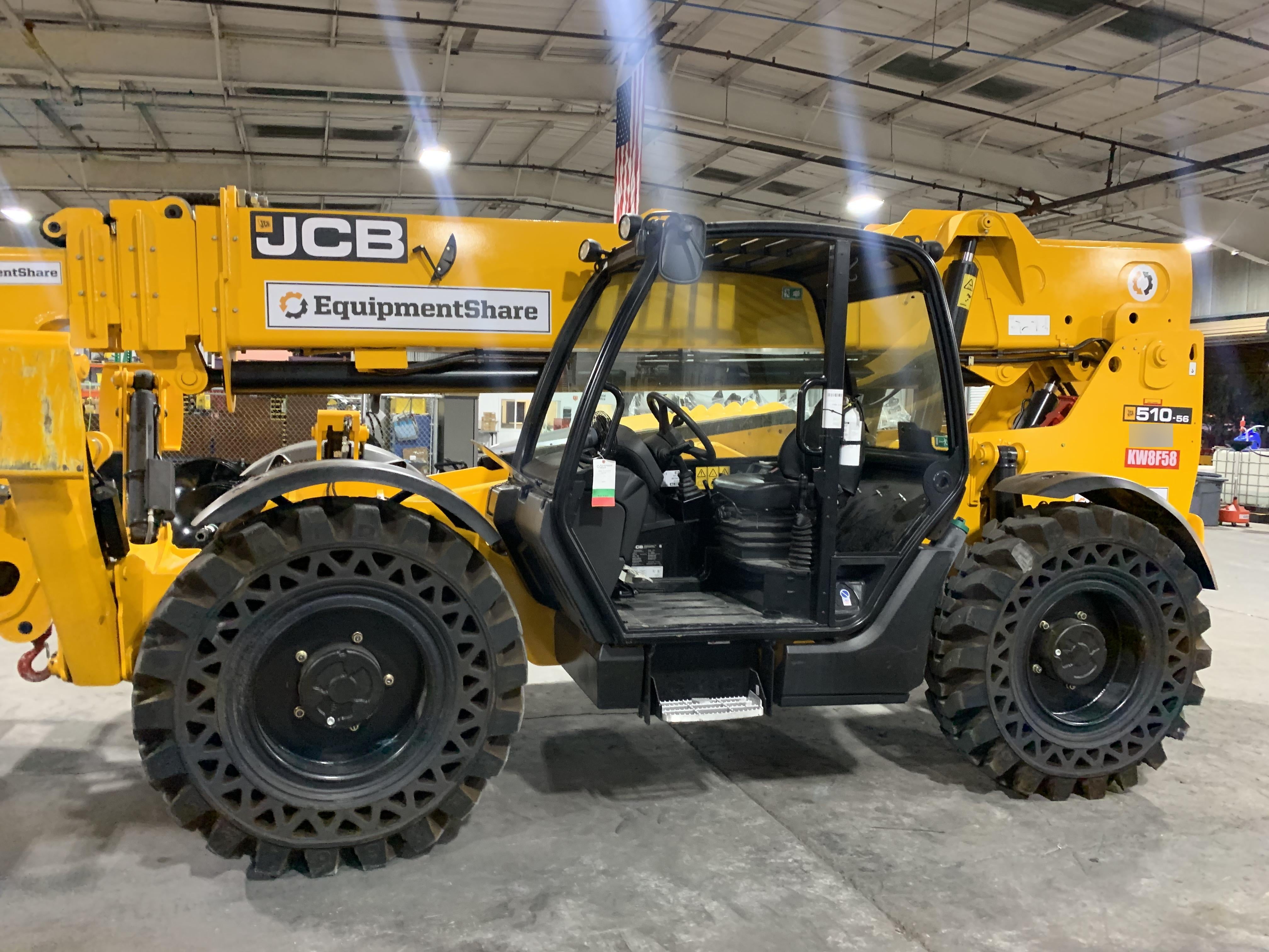 2019 JCB 510-56 Open ROPS, 74 HP, Solid Tires, Worklights, Beacon, Aux Hydraulics, Lifting Eye w/66" Carriage/60" Forks
