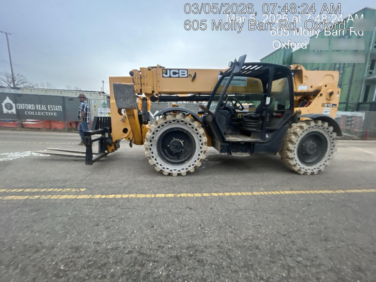 2019 JCB 510-56 Open ROPS, 74 HP, Solid Tires, Worklights, Beacon, Aux Hydraulics, Lifting Eye, 60" Carriage/60" Forks