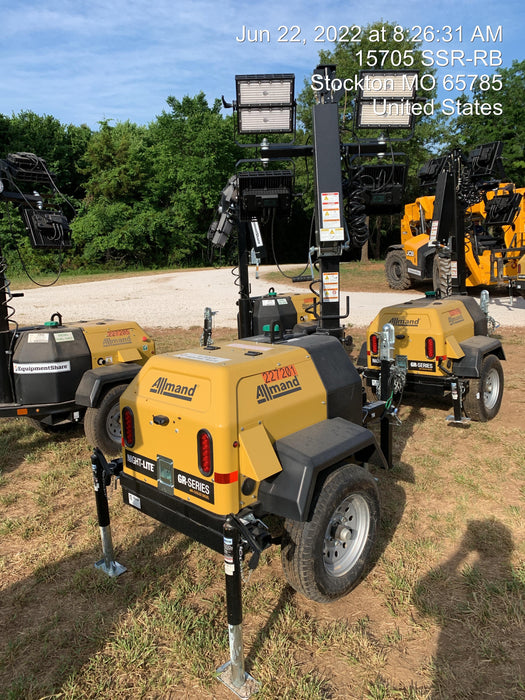 2022 Allmand NLV3GR (4) LED Light Fixture 350W, 23' Vertical Mast, 3kW Prime, Towable, Deep Sea L401, Leveling Jacks, Yanmar T4F 5.8hp