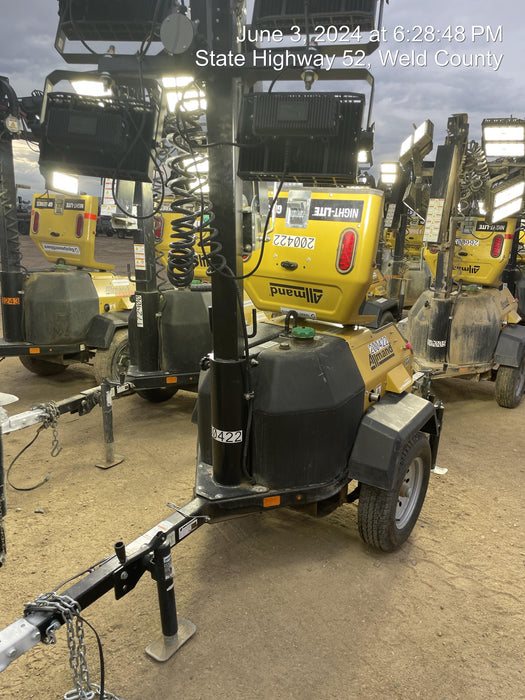 2022 Allmand NLV3GR (4) LED Light Fixture 350W, 23' Vertical Mast, 3kW Prime, Towable, Deep Sea L401, Leveling Jacks, Yanmar T4F 5.8hp