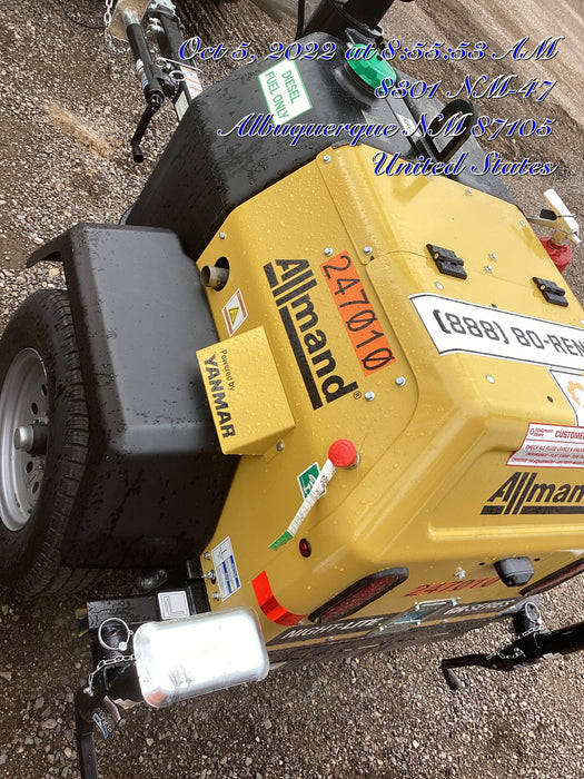 2022 Allmand NLV3GR (4) LED Light Fixture 350W, 23' Vertical Mast, 3kW Prime, Towable, ES Decals, T3