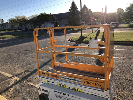Custom Equipment HB-1430 <ul>
 <li>Hy-Brid Scissor Lift</li>
  <li>Platform capacity up to 670 lbs.</li>
  <li>Working height up to 20 ft</li>
  <li>Weighs under 1,700 lbs.</li>
  <li>Non-marking wheels </li>
</ul>
