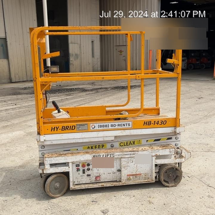 Custom Equipment HB-1430 <ul>
 <li>Hy-Brid Scissor Lift</li>
  <li>Platform capacity up to 670 lbs.</li>
  <li>Working height up to 20 ft</li>
  <li>Weighs under 1,700 lbs.</li>
  <li>Non-marking wheels </li>
</ul>
