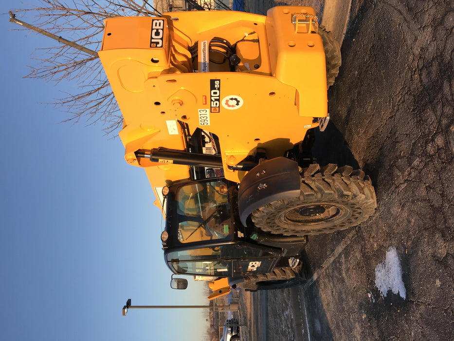 2020 JCB 510-56 Cab/Heat/Air, 74 HP, Solid Tires, STD Worklight, Beacon, Aux Hydraulics, Lifting Eye, Back up Alarm w/66" Carriage/60" Forks