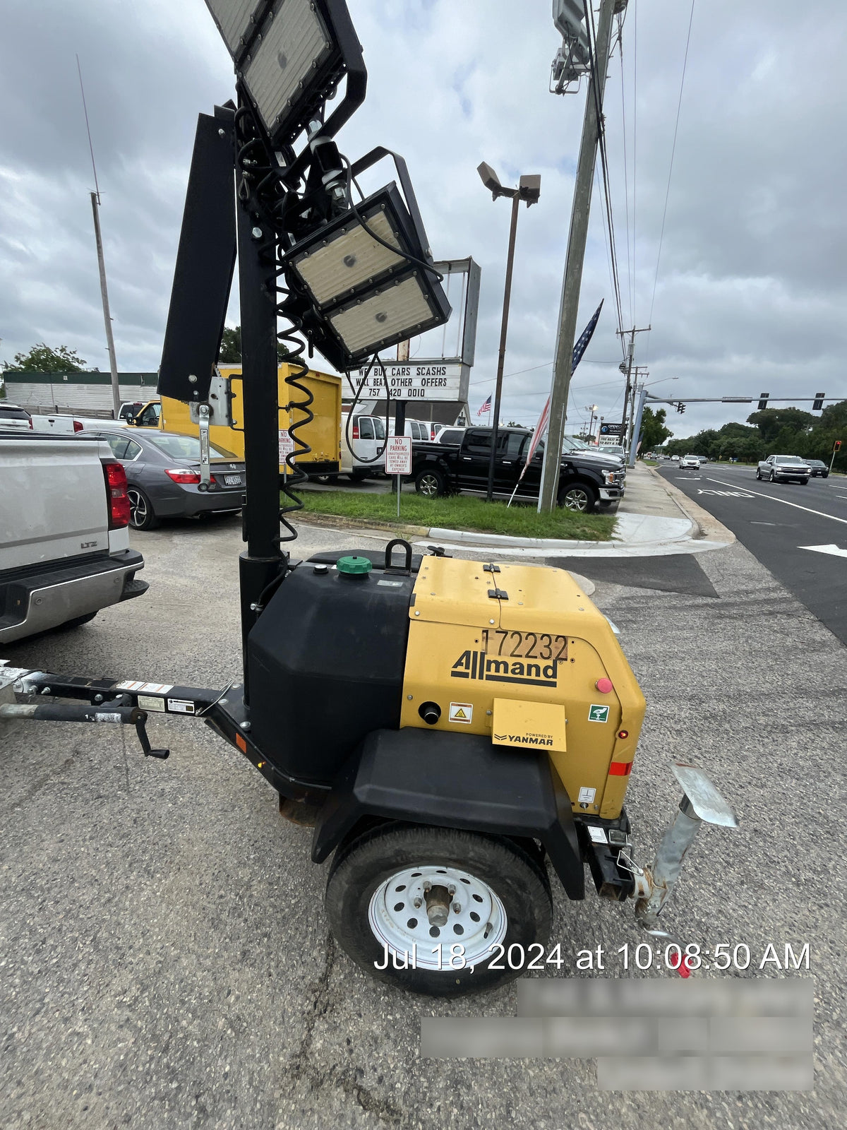 2021 Allmand NLV3GR (4) LED Light Fixture 350W, 23' Vertical Mast, 3kW Prime, Towable, Deep Sea L401, Leveling Jacks, Yanmar T4F 5.8hp