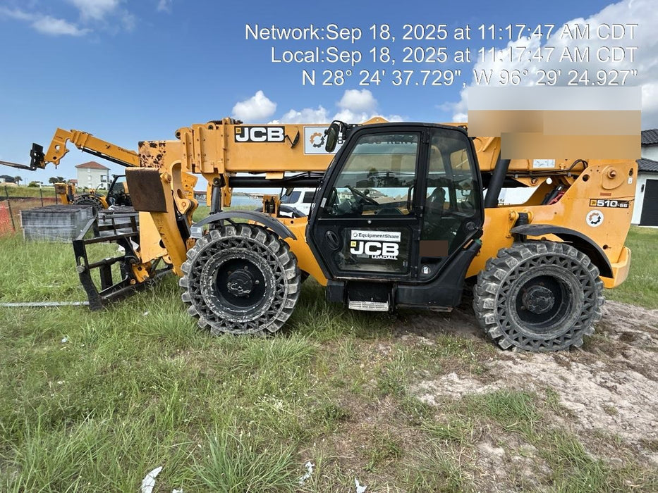 2020 JCB 510-56 Cab/Heat/Air, 74 HP, Solid Tires, STD Worklight, Beacon, Aux Hydraulics, Lifting Eye, Back up Alarm w/66" Carriage/60" Forks