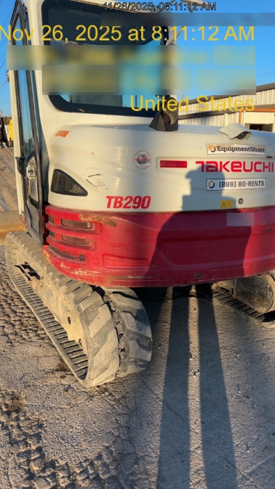 2019 Takeuchi TB290 Cab, AC, Rubber Tracks, Dozer Blade, Travel Alarm, Control Pattern Change Valve, Auxiliary Hydraulics w/18" Quick Coupler Bucket with teeth, 6.2 cu. ft. capacity/24" Quick Coupler Bucket with teeth, 8.6 cu. ft. capacity/36" Quick Coupler Bucket with teeth, 13.4 cu. ft. capacity, Quick Coupler, Hydraulic Thumb Installed