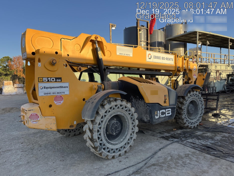 2019 JCB 510-56 74 HP w/CAB/HVAC, Beacon, Worklights, Aux Hydraulics, Solid Tires 72" Carriage/60" Forks