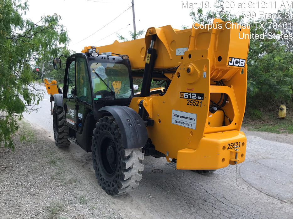 2019 JCB 512-56 109 HP w/CAB/HVAC, Beacon, Aux Hydraulics, Worklights, Solid Tires w/60" Carriage/Forks