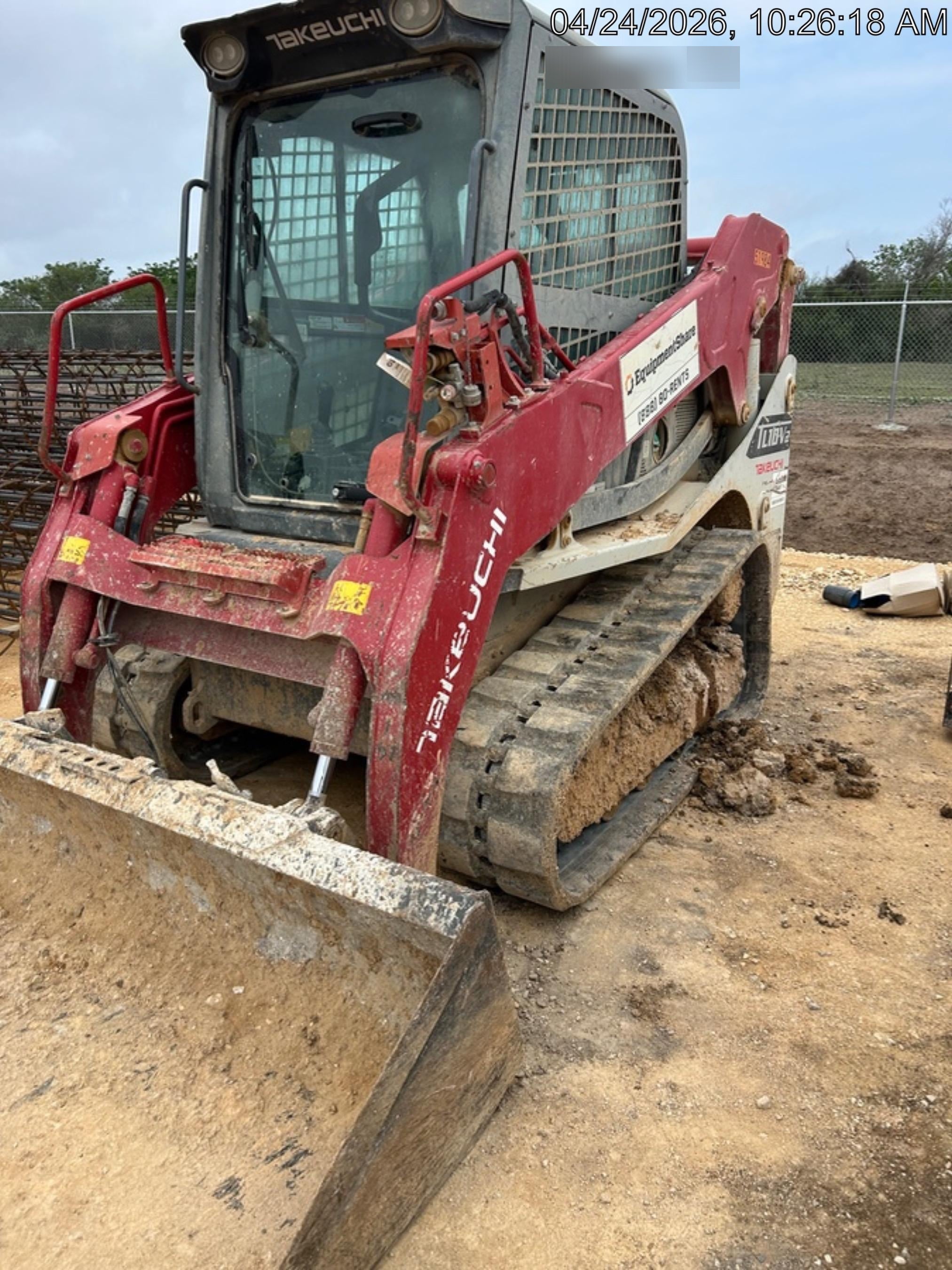 2019 Takeuchi TL10V2-CR Cab/Heat/AC, Rubber Tracks, Backup Alarm, Front & rear working Lights, Auxiliary Hydraulics, 2 Speed Travel, Engine Monitoring System, Hydraulic universal quick hitch w/76" HD smooth dirt bucket with bolt-on edge, 20.3 cubic feet capacity, 48" Pallet forks and frame
