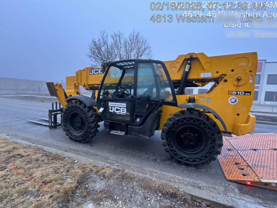2020 JCB 510-56 Cab/Heat/Air, 74 HP, Solid Tires, STD Worklight, Beacon, Aux Hydraulics, Lifting Eye, Back up Alarm w/66" Carriage/60" Forks