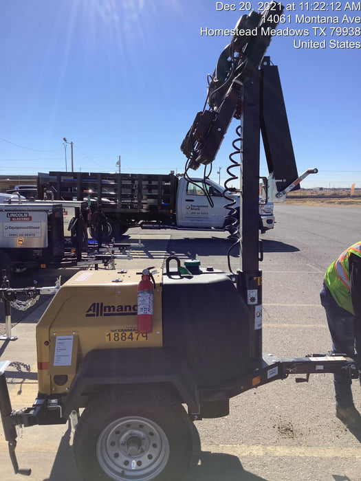 Allmand NLV3GR (4) LED Light Fixture 350W, 23' Vertical Mast, 3kW Prime, Towable, Deep Sea L401, Leveling Jacks, Yanmar T4F 5.8hp