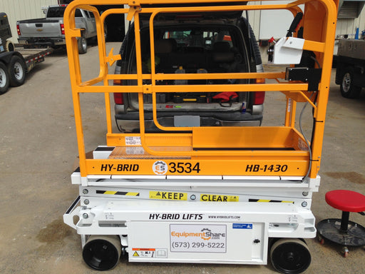 Custom Equipment HB-1430 Hy-Brid Scissor Lift
Platform capacity up to 670 lbs
Working height up to 20 ft
Weighs under 1,700 lbs
Non-marking wheels