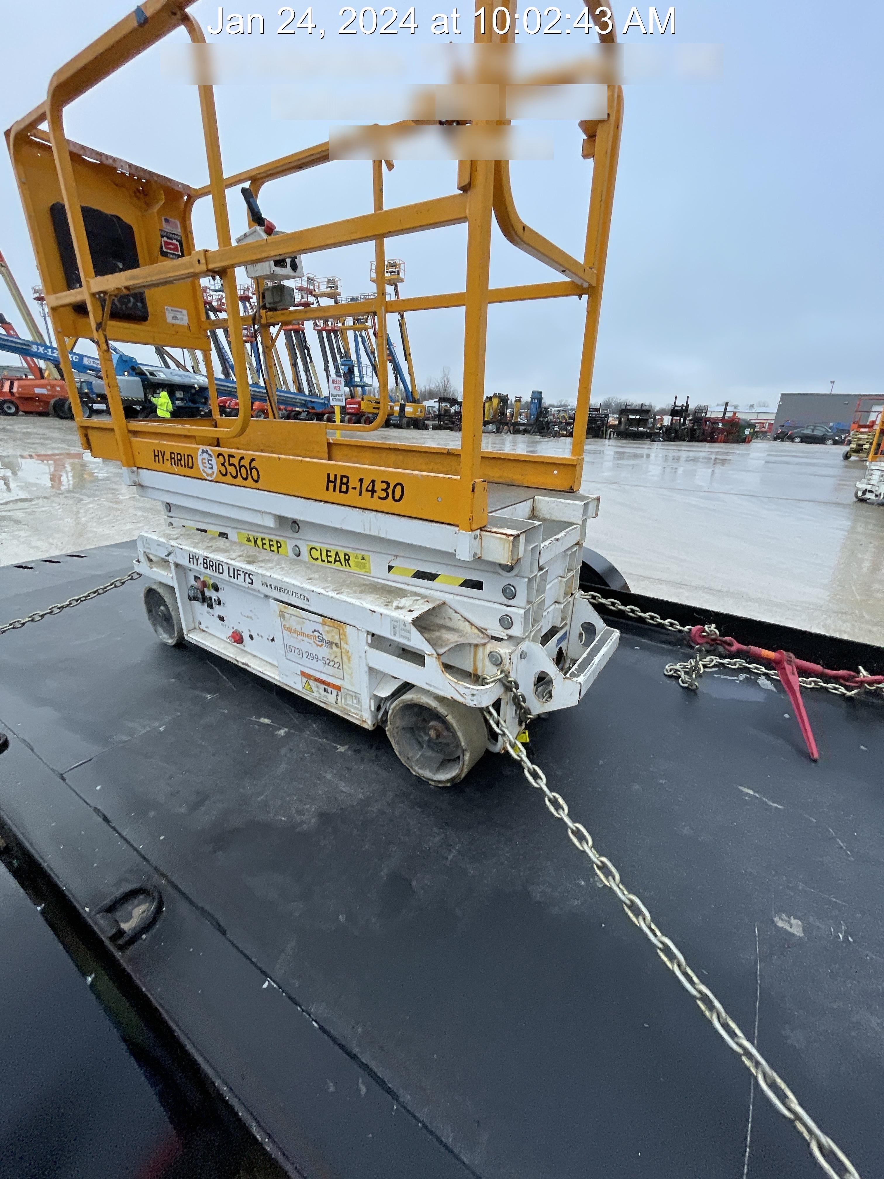 Custom Equipment HB-1430 Hy-Brid Scissor Lift
Platform capacity up to 670 lbs
Working height up to 20 ft
Weighs under 1,700 lbs
Non-marking wheels