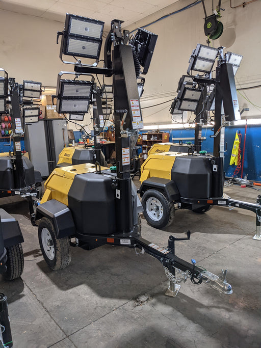 Allmand NLV3GR (4) LED Light Fixture 350W, 23' Vertical Mast, 3kW Prime, Towable, Deep Sea L401, Leveling Jacks, Yanmar T4F 5.8hp