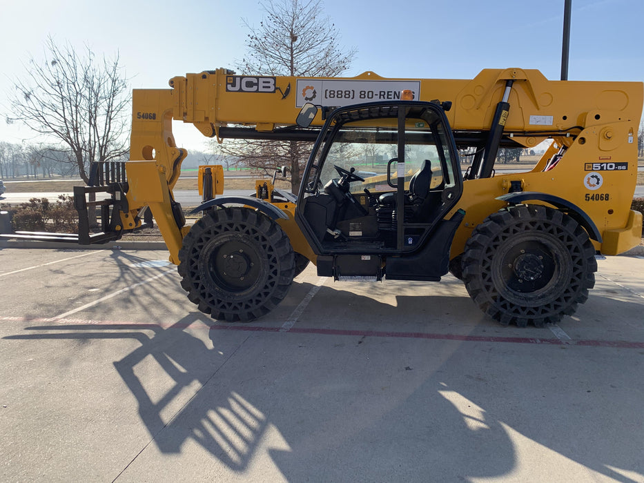 2019 JCB 510-56 Canopy, 74 HP, Solid Tires, STD Worklight, Beacon, Aux Hydraulics, Lifting Eye, Back up Alarm w/66" Carriage/60" Forks
