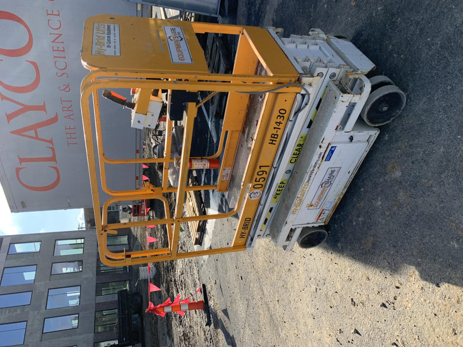 Custom Equipment HB-1430 Hy-Brid Scissor Lift
Platform capacity up to 670 lbs
Working height up to 20 ft
Weighs under 1,700 lbs
Non-marking wheels