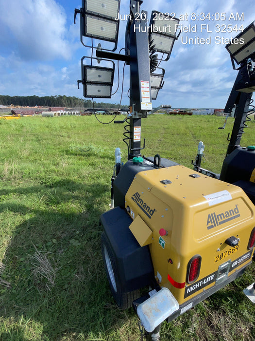 2022 Allmand NLV3GR (4) LED Light Fixture 350W, 23' Vertical Mast, 3kW Prime, Towable, Deep Sea L401, Leveling Jacks, Yanmar T4F 5.8hp