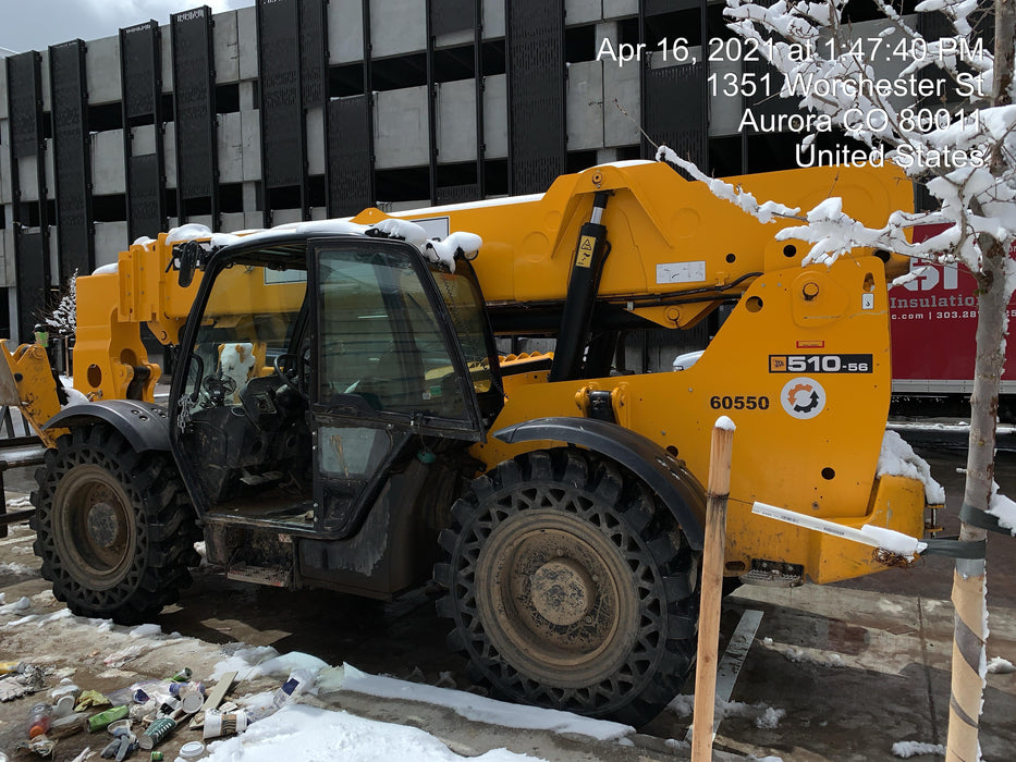 2020 JCB 510-56 Cab/Heat/Air, 74 HP, Solid Tires, STD Worklight, Beacon, Aux Hydraulics, Lifting Eye, Back up Alarm w/66" Carriage/60" Forks