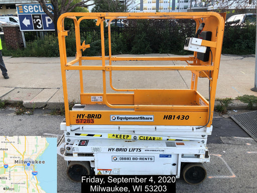 Custom Equipment HB-1430 <ul>
 <li>Hy-Brid Scissor Lift</li>
  <li>Platform capacity up to 670 lbs.</li>
  <li>Working height up to 20 ft</li>
  <li>Weighs under 1,700 lbs.</li>
  <li>Non-marking wheels </li>
</ul>