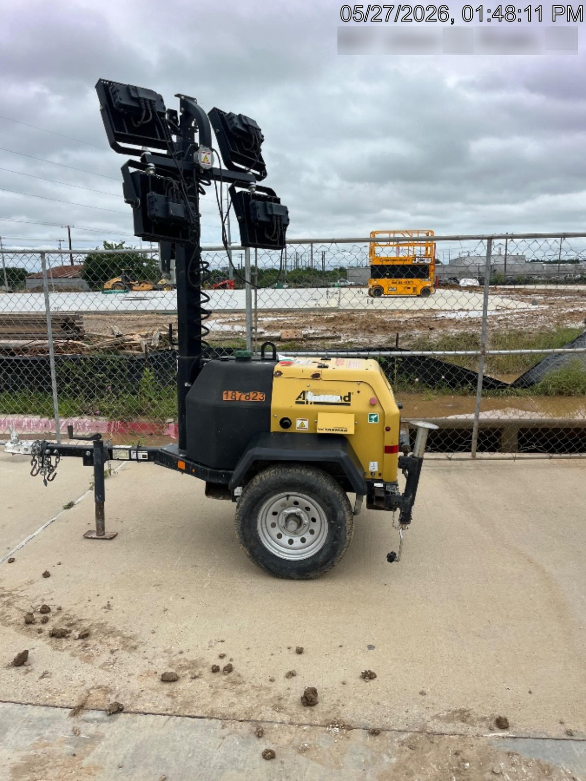 Allmand NLV3GR (4) LED Light Fixture 350W, 23' Vertical Mast, 3kW Prime, Towable, Deep Sea L401, Leveling Jacks, Yanmar T4F 5.8hp