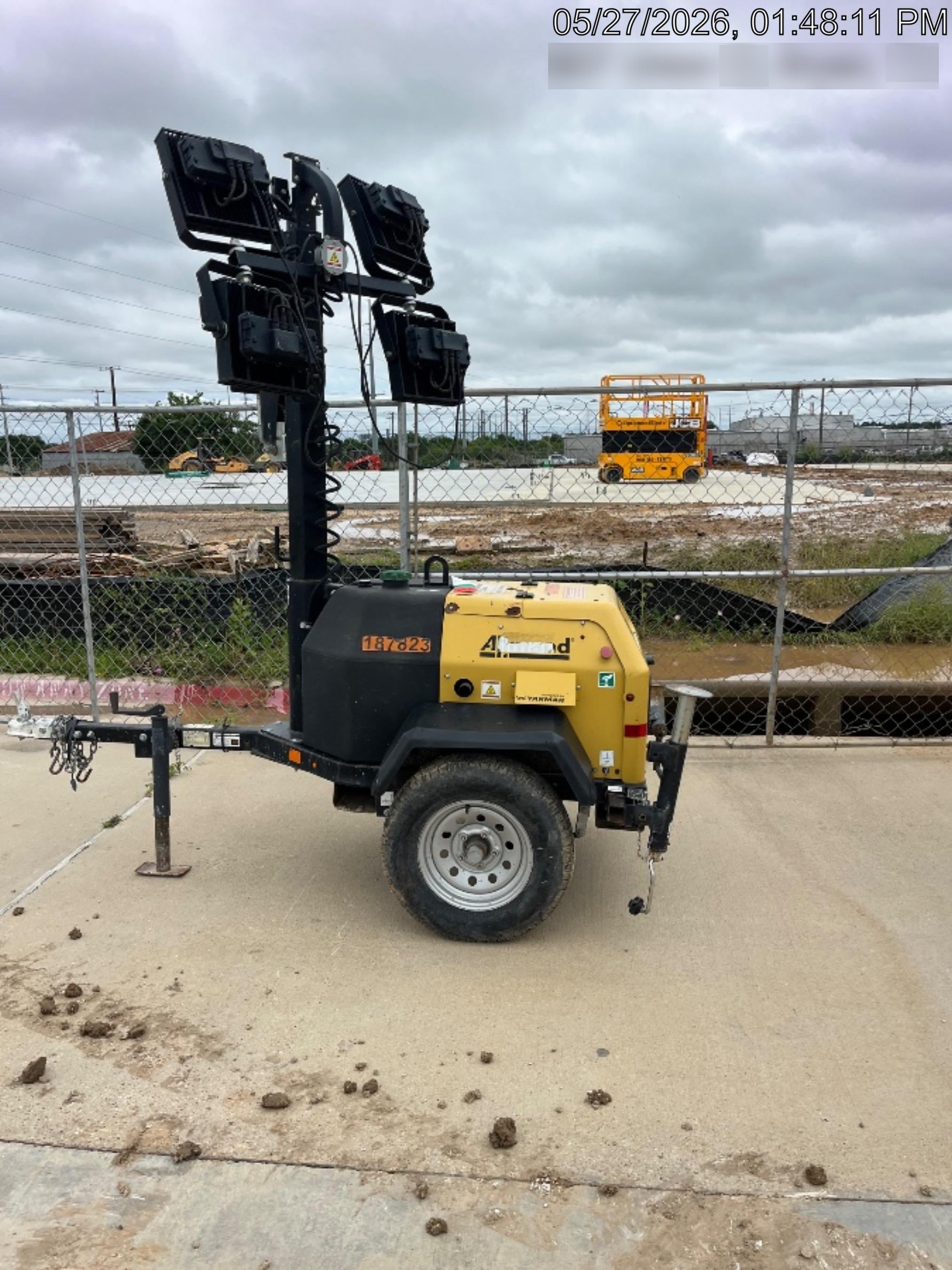 Allmand NLV3GR (4) LED Light Fixture 350W, 23' Vertical Mast, 3kW Prime, Towable, Deep Sea L401, Leveling Jacks, Yanmar T4F 5.8hp