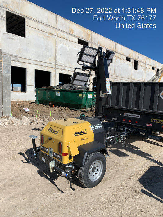 2022 Allmand NLV3GR (4) LED Light Fixture 350W, 23' Vertical Mast, 3kW Prime, Towable, ES Decals, T3