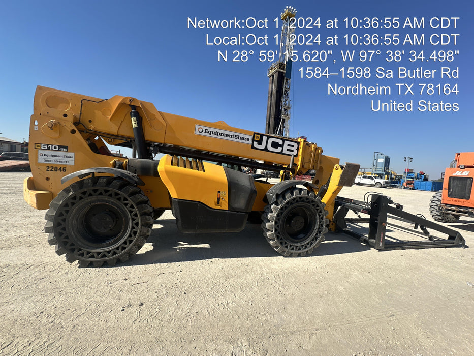 2018 JCB 510-56 JCB 510-56 Telehandler 74 HP w/CAB/HVAC, Beacon, Worklights, Aux Hydraulics, Solid Tires, 60" Carriage/Forks