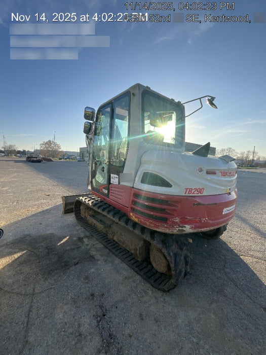 2019 Takeuchi TB290 Cab/Heat/AC Rubber tracks, Dozer blade, Travel alarm, Auxiliary hydraulics w/Manual QC, Hydraulic thumb, 18", 24", and 36" Buckets