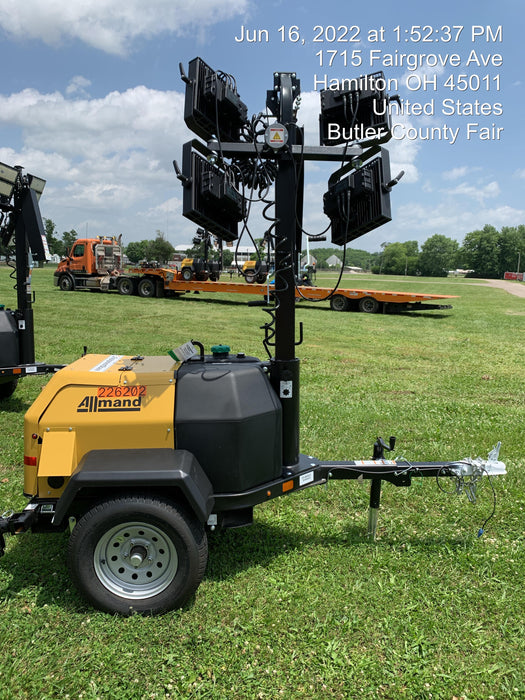 2022 Allmand NLV3GR (4) LED Light Fixture 350W, 23' Vertical Mast, 3kW Prime, Towable, Deep Sea L401, Leveling Jacks, Yanmar T4F 5.8hp