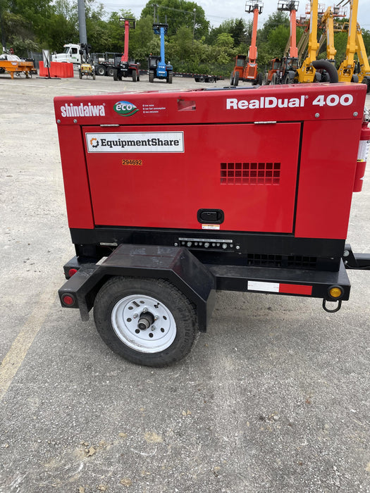 2023 Shindaiwa DGW400MDL Kubota D902 Engine, 23 HP, Dual Op Welder, Wire, Arc, Droop Stick, Tig, and CC Stick Functionality, Simulphase, 3 Phase and 1 Phase Gen Output, Single Axle NB Trlr, Slr Trckl Chrg 12V 12W, Fire Ext