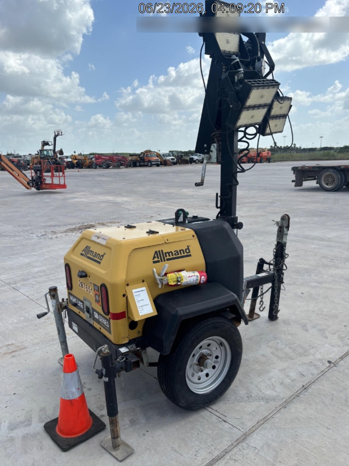 2022 Allmand NLV3GR (4) LED Light Fixture 350W, 23' Vertical Mast, 3kW Prime, Towable, Deep Sea L401, Leveling Jacks, Yanmar T4F 5.8hp