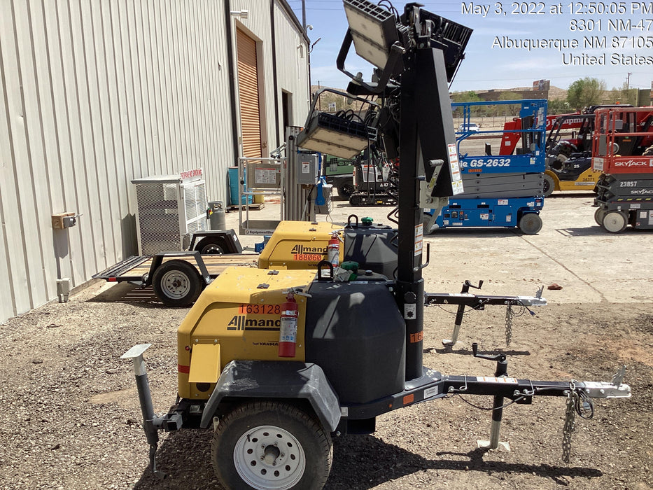 2021 Allmand NLV3GR (4) LED Light Fixture 350W, 23' Vertical Mast, 3kW Prime, Towable, Deep Sea L401, Leveling Jacks, Yanmar T4F 5.8hp