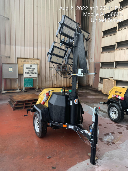 2022 Allmand NLV3GR (4) LED Light Fixture 350W, 23' Vertical Mast, 3kW Prime, Towable, Deep Sea L401, Leveling Jacks, Yanmar T4F 5.8hp