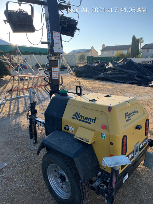 2021 Allmand NLV3GR (4) LED Light Fixture 350W, 23' Vertical Mast, 3kW Prime, Towable, Deep Sea L401, Leveling Jacks, Yanmar T4F 5.8hp