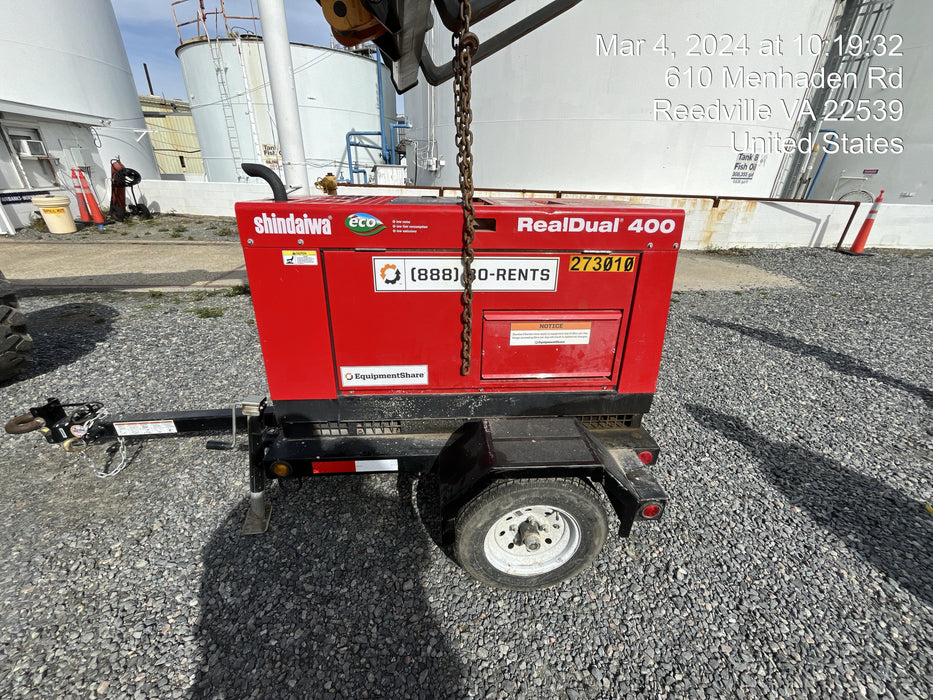 2022 Shindaiwa DGW400MDL Kubota D902 Engine, 23 HP, Dual Op Welder, Wire, Arc, Droop Stick, Tig, and CC Stick Functionality, Simulphase, 3 Phase and 1 Phase Gen Output, Single Axle NB Trlr, Slr Trckl Chrg 12V 12W, Fire Ext