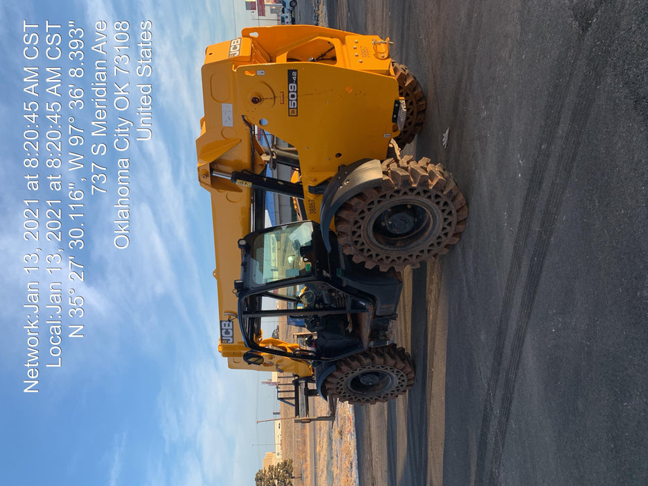 2019 JCB 509-42 74 HP w/Open ROPS, Beacon, Aux Hydraulics, LED Work lights, Solid Tires 66" Carriage/60" Forks