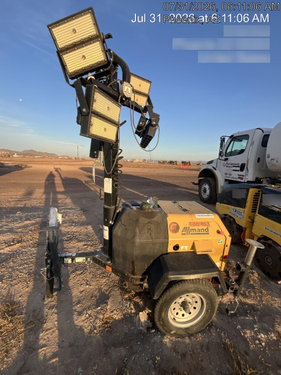 Allmand NLV3GR (4) LED Light Fixture 350W, 23' Vertical Mast, 3kW Prime, Towable, Deep Sea L401, Leveling Jacks, Yanmar T4F 5.8hp