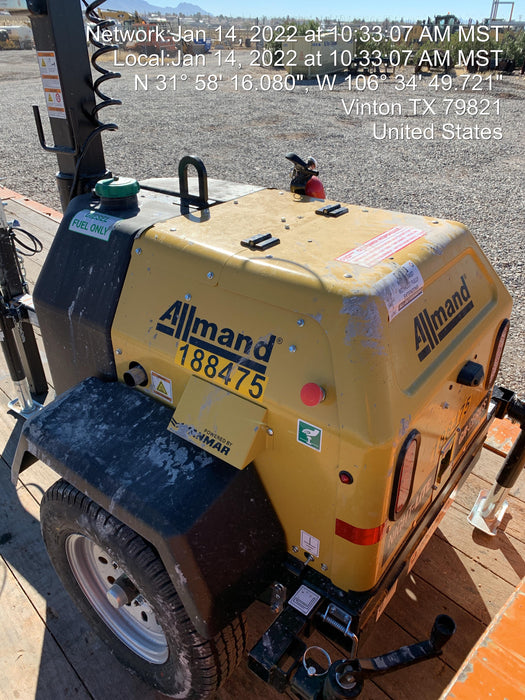 Allmand NLV3GR (4) LED Light Fixture 350W, 23' Vertical Mast, 3kW Prime, Towable, Deep Sea L401, Leveling Jacks, Yanmar T4F 5.8hp