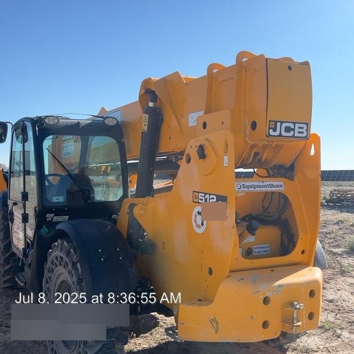 2019 JCB 512-56 Enclosed Cab, 109 HP, Solid Tires, Worklights, Beacon, Aux Hydraulics, Lifting Eye w/66" Carriage/60" Forks