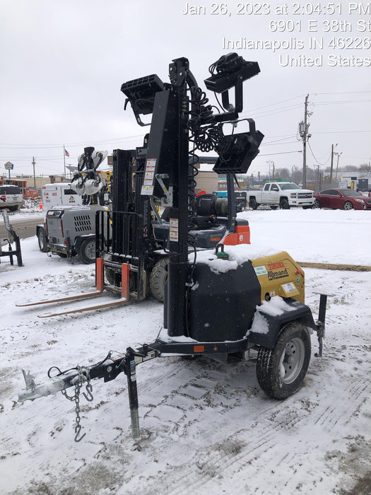 2022 Allmand NLV3GR (4) LED Light Fixture 350W, 23' Vertical Mast, 3kW Prime, Towable, Deep Sea L401, Leveling Jacks, Yanmar T4F 5.8hp