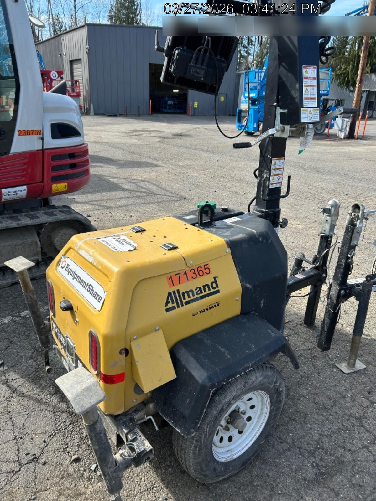 2021 Allmand NLV3GR (4) LED Light Fixture 350W, 23' Vertical Mast, 3kW Prime, Towable, Deep Sea L401, Leveling Jacks, Yanmar T4F 5.8hp