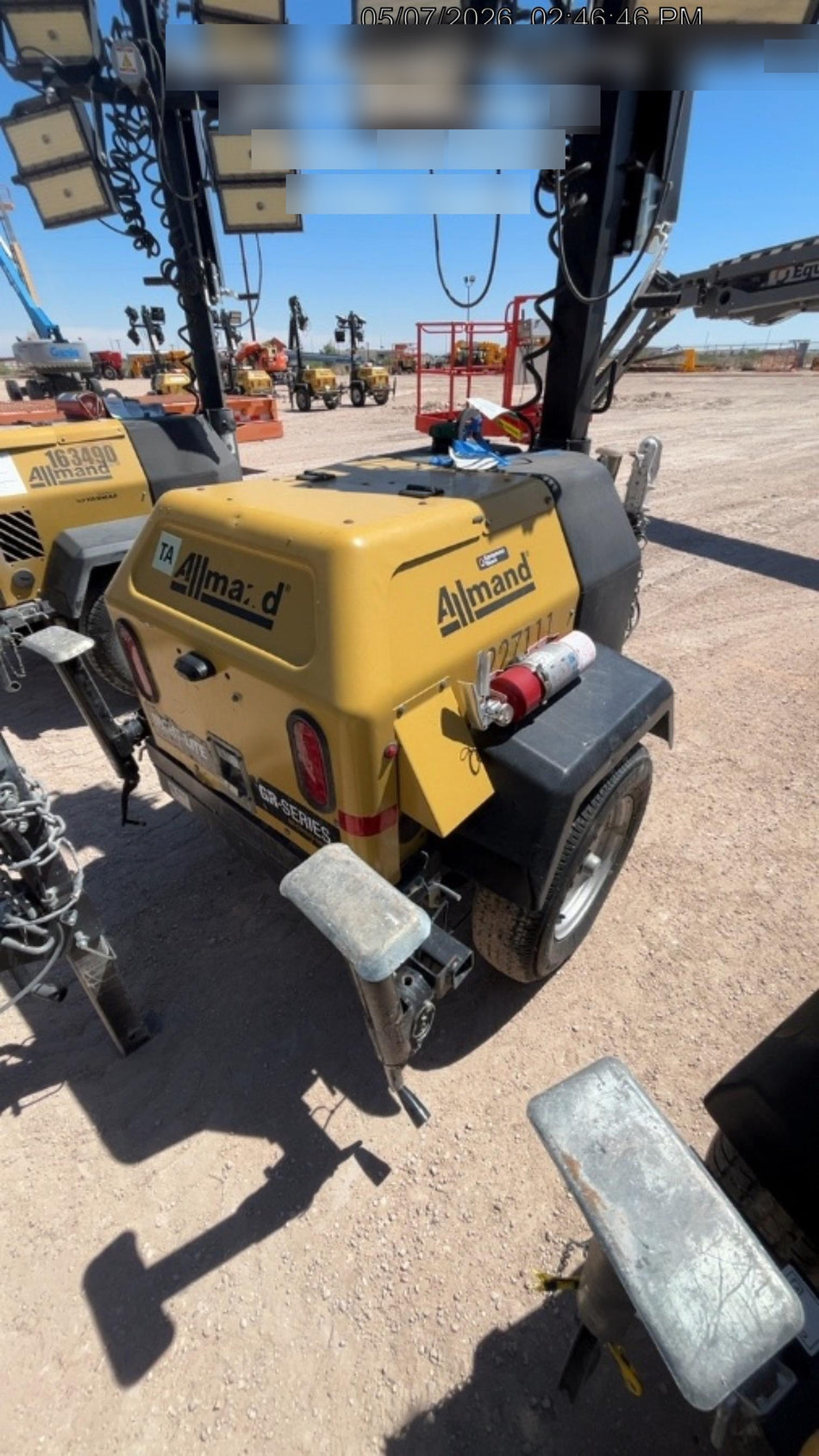 2022 Allmand NLV3GR (4) LED Light Fixture 350W, 23' Vertical Mast, 3kW Prime, Towable, Deep Sea L401, Leveling Jacks, Yanmar T4F 5.8hp