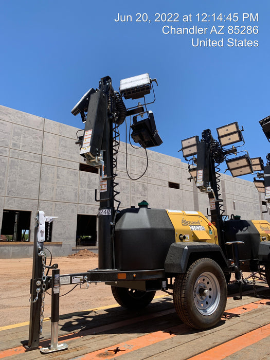 2022 Allmand NLV3GR (4) LED Light Fixture 350W, 23' Vertical Mast, 3kW Prime, Towable, Deep Sea L401, Leveling Jacks, Yanmar T4F 5.8hp